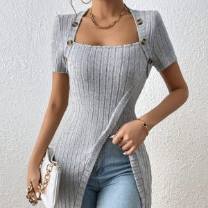 Ladies' Versatile Solid Color Elegant Style Square Neck Button Detail Wrapped Edge Slit Long T-shirt Top - Image 3