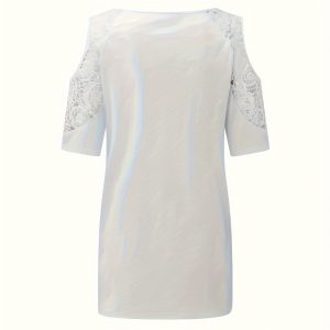 Women's V-neck Floral Print Contrasting Lace Off Shoulder Top - Image 3