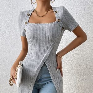 Ladies' Versatile Solid Color Elegant Style Square Neck Button Detail Wrapped Edge Slit Long T-shirt Top - Image 4