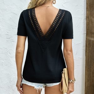 Women's Solid Color Deep V-neck Backless Lace Patchwork Loose T-shirt - Image 5