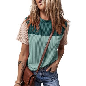Color Matching Rib Short-sleeved T-shirt Round Neck Three-quarter Sleeve Top - Image 9
