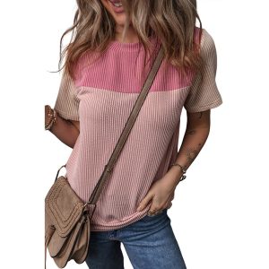 Color Matching Rib Short-sleeved T-shirt Round Neck Three-quarter Sleeve Top - Image 5