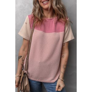 Color Matching Rib Short-sleeved T-shirt Round Neck Three-quarter Sleeve Top - Image 8