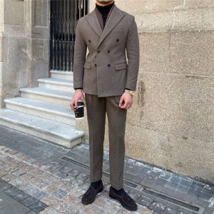 Houndstooth Double Breasted Slim Fit Suit Men's Suit - Image 3