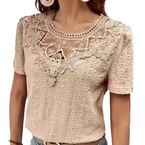 Women's Stitching Bow Tie Solid Color Hollow Round Neck Lace Short Sleeve - Image 4