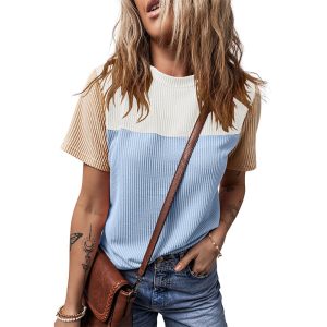 Color Matching Rib Short-sleeved T-shirt Round Neck Three-quarter Sleeve Top - Image 4