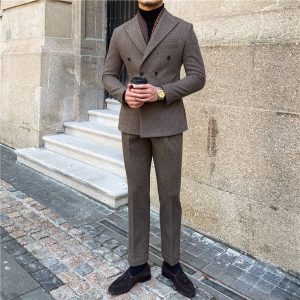 Houndstooth Double Breasted Slim Fit Suit Men's Suit - Image 5