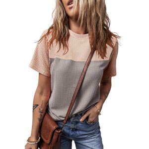 Color Matching Rib Short-sleeved T-shirt Round Neck Three-quarter Sleeve Top - Image 10