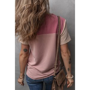 Color Matching Rib Short-sleeved T-shirt Round Neck Three-quarter Sleeve Top - Image 6