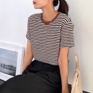 Casual Women's Color-contrast Check Round Neck Short Sleeve - Image 3