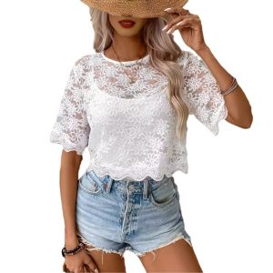 Fashionable Elegant Solid Color Lace Round Neck T-shirt - Image 5