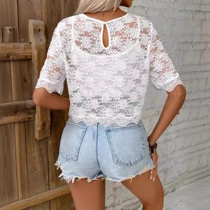Fashionable Elegant Solid Color Lace Round Neck T-shirt - Image 4