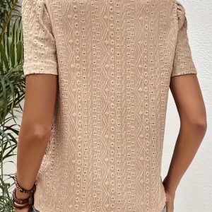 Women's Stitching Bow Tie Solid Color Hollow Round Neck Lace Short Sleeve - Image 5