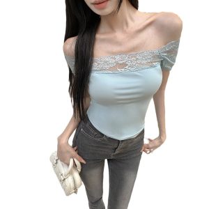 Pure Desire Style Design Lace Stitching Exposed Slim Top - Image 5