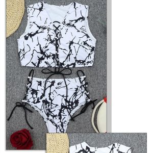 Bikini Ladies Swimwear Split Tie Dye Tied Black And White - Image 6