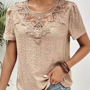 Women's Stitching Bow Tie Solid Color Hollow Round Neck Lace Short Sleeve - Image 3