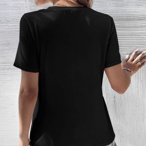 Women's Solid Color Collar Design T-shirt V-neck Casual Top - Image 4