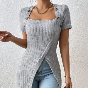 Ladies' Versatile Solid Color Elegant Style Square Neck Button Detail Wrapped Edge Slit Long T-shirt Top - Image 5