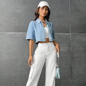 Fashion Thin Denim Small Waistcoat Short Sleeve Shirt - Image 5