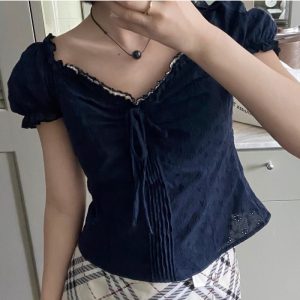 V-neck Lace Puff Sleeve Niche Shirt Short Sleeve - Image 1