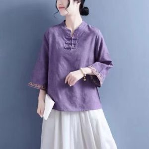 Artistic Cotton Linen Jacquard Embroidered Bell Sleeve Shirt - Image 6
