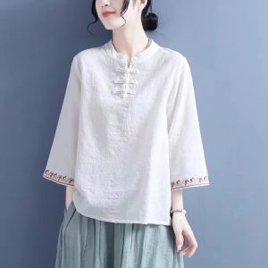 Artistic Cotton Linen Jacquard Embroidered Bell Sleeve Shirt - Image 5