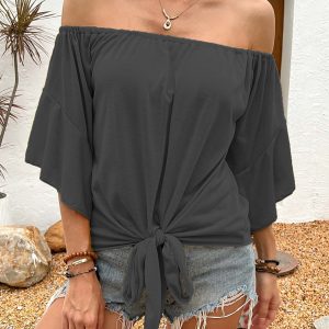 Summer Fall Women's Clothing Solid Color Off-shoulder Casual T-shirt Top - Image 7