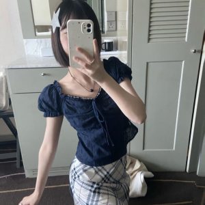 V-neck Lace Puff Sleeve Niche Shirt Short Sleeve - Image 5