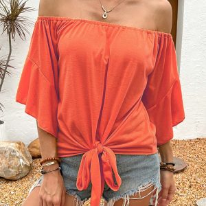 Summer Fall Women's Clothing Solid Color Off-shoulder Casual T-shirt Top - Image 8