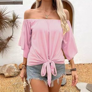 Summer Fall Women's Clothing Solid Color Off-shoulder Casual T-shirt Top - Image 10