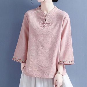 Artistic Cotton Linen Jacquard Embroidered Bell Sleeve Shirt - Image 3