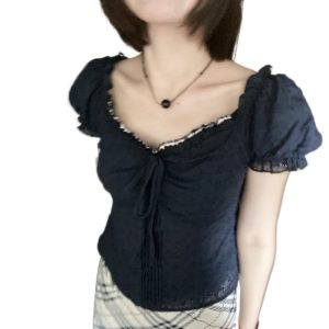 V-neck Lace Puff Sleeve Niche Shirt Short Sleeve - Image 4