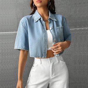 Fashion Thin Denim Small Waistcoat Short Sleeve Shirt - Image 4