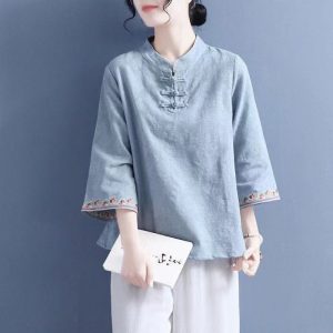 Artistic Cotton Linen Jacquard Embroidered Bell Sleeve Shirt - Image 8