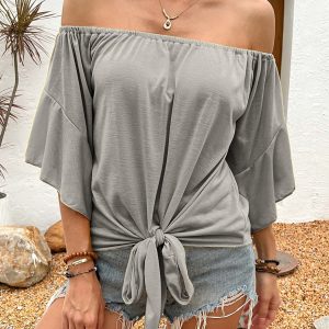 Summer Fall Women's Clothing Solid Color Off-shoulder Casual T-shirt Top - Image 5