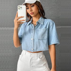 Fashion Thin Denim Small Waistcoat Short Sleeve Shirt - Image 3
