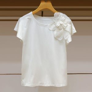 Round Neck Three-dimensional Flower Decoration Fashion Ruffle Sleeve Loose Slim Top - Image 3