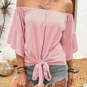 Summer Fall Women's Clothing Solid Color Off-shoulder Casual T-shirt Top - Image 6