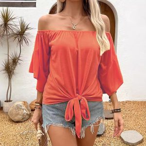 Summer Fall Women's Clothing Solid Color Off-shoulder Casual T-shirt Top - Image 4