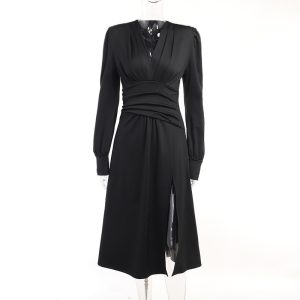 Pleat And Waisted Lantern Sleeve Dress Simple Adult Lady Like Woman Style - Image 6