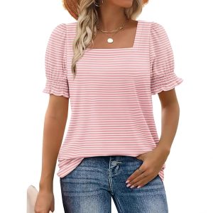 Fashion Simple U-neck Petal Sleeve Loose T-shirt - Image 6
