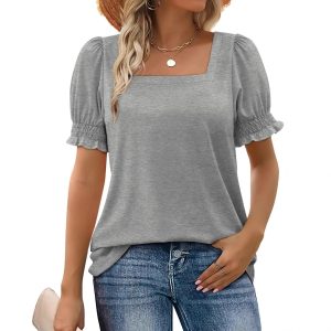 Fashion Simple U-neck Petal Sleeve Loose T-shirt - Image 9
