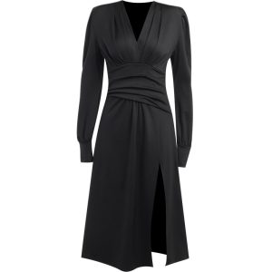 Pleat And Waisted Lantern Sleeve Dress Simple Adult Lady Like Woman Style - Image 5