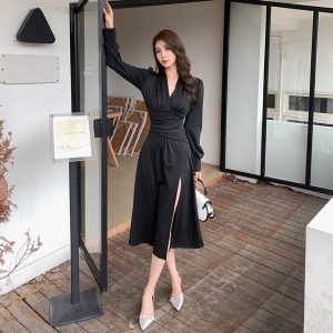 Pleat And Waisted Lantern Sleeve Dress Simple Adult Lady Like Woman Style - Image 4