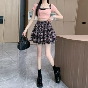 French Style Vintage And Little Fresh Cherry Floral A- Line Skirt - Image 5