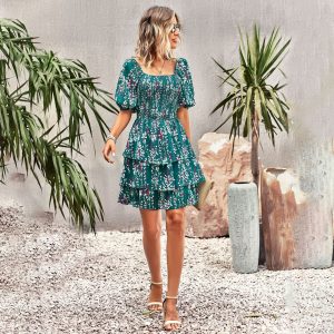 French Square Collar Cake Fashion Vacation Fashion Vacation Holiday Short Dress - Image 5