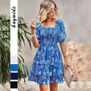 French Square Collar Cake Fashion Vacation Fashion Vacation Holiday Short Dress - Image 2