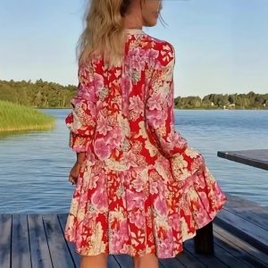 European And American Fashion Floral Print Long Sleeve Dress - Image 4