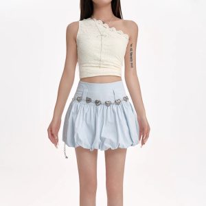 High Waisted Slimming A-line Skirt With Fluffy Flower Buds - Image 1