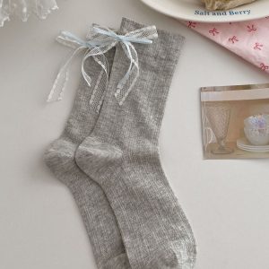 Summer Thin Boneless Ballet Style Ins Japanese Girl Lace Bow Ribbon Socks Women's Mid Tube Stockings - Image 3